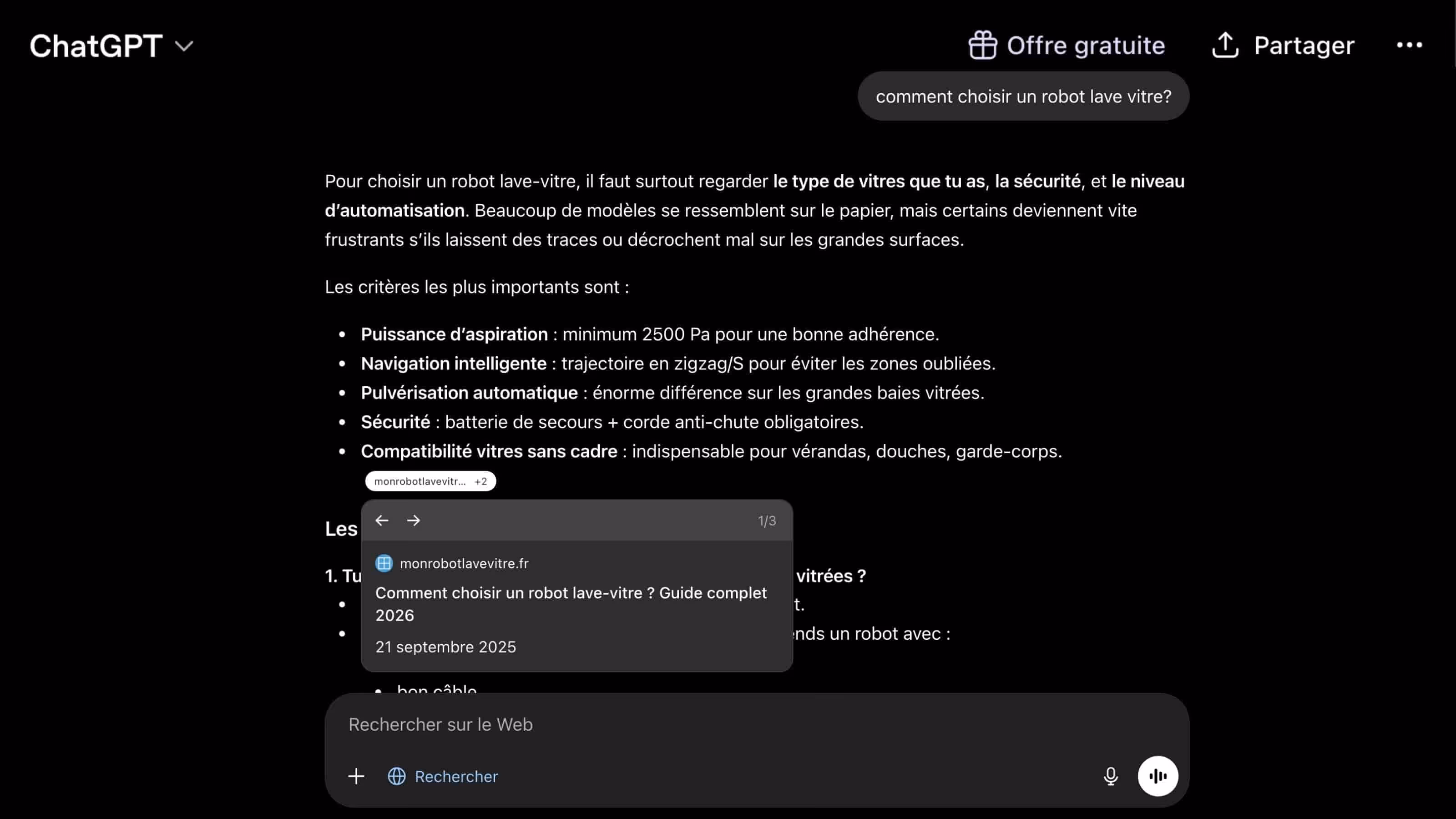 ChatGPT conversation mentioning Mon Robot Lave Vitre