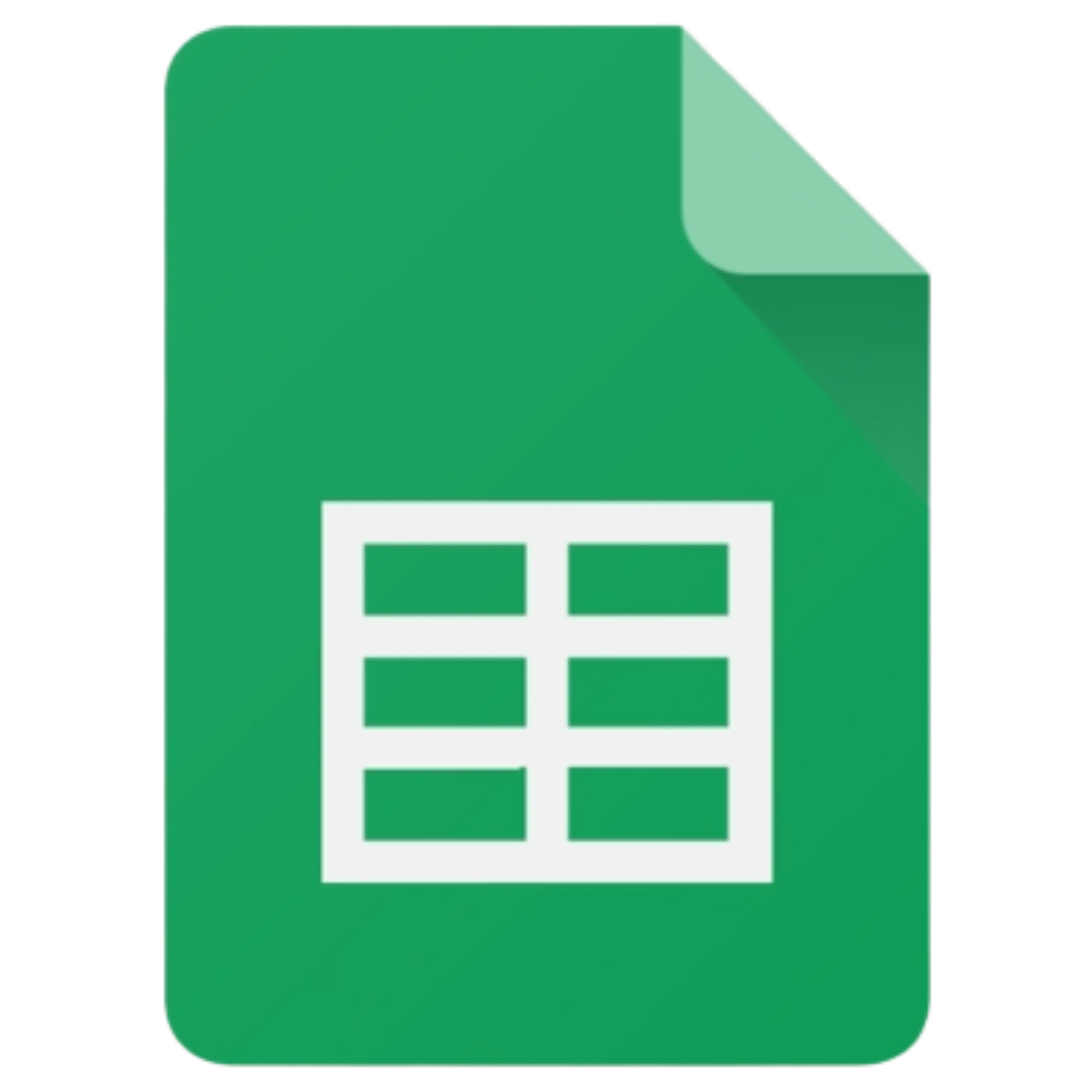 Google sheet logo of a green document with a folded corner and a white grid table symbol in the center.