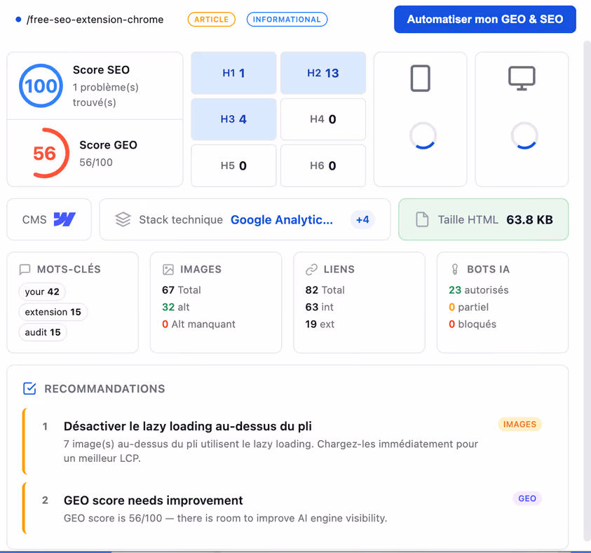 SEO audit dashboard showing SEO score of 100 with 1 problem, GEO score of 56/100, header tag counts, CMS Webflow, HTML size 63.8 KB, 67 images with 32 alt texts, 82 total links, 23 AI bots authorized, and recommendations to disable lazy loading above the fold and improve GEO score.